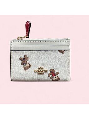 Coach white Leather Slim-ID Cardholder Bears w/Snowflakes Festive Christmas Cozy